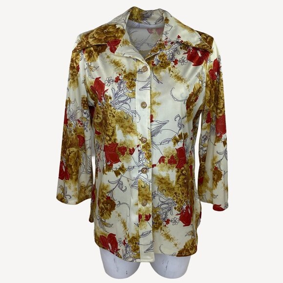 Women Floral Jacket Sleeveless Top Set Office Formal Work Cream Brown Red Size M - Picture 2 of 16